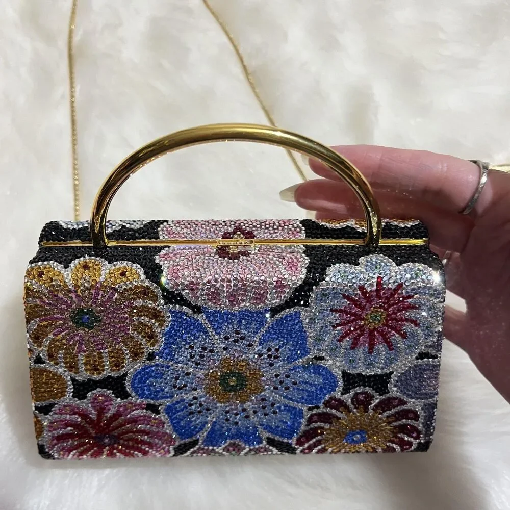 Vintage Judith Leiber Bag Womens Floral Crystal Minaudiere Italy Evening